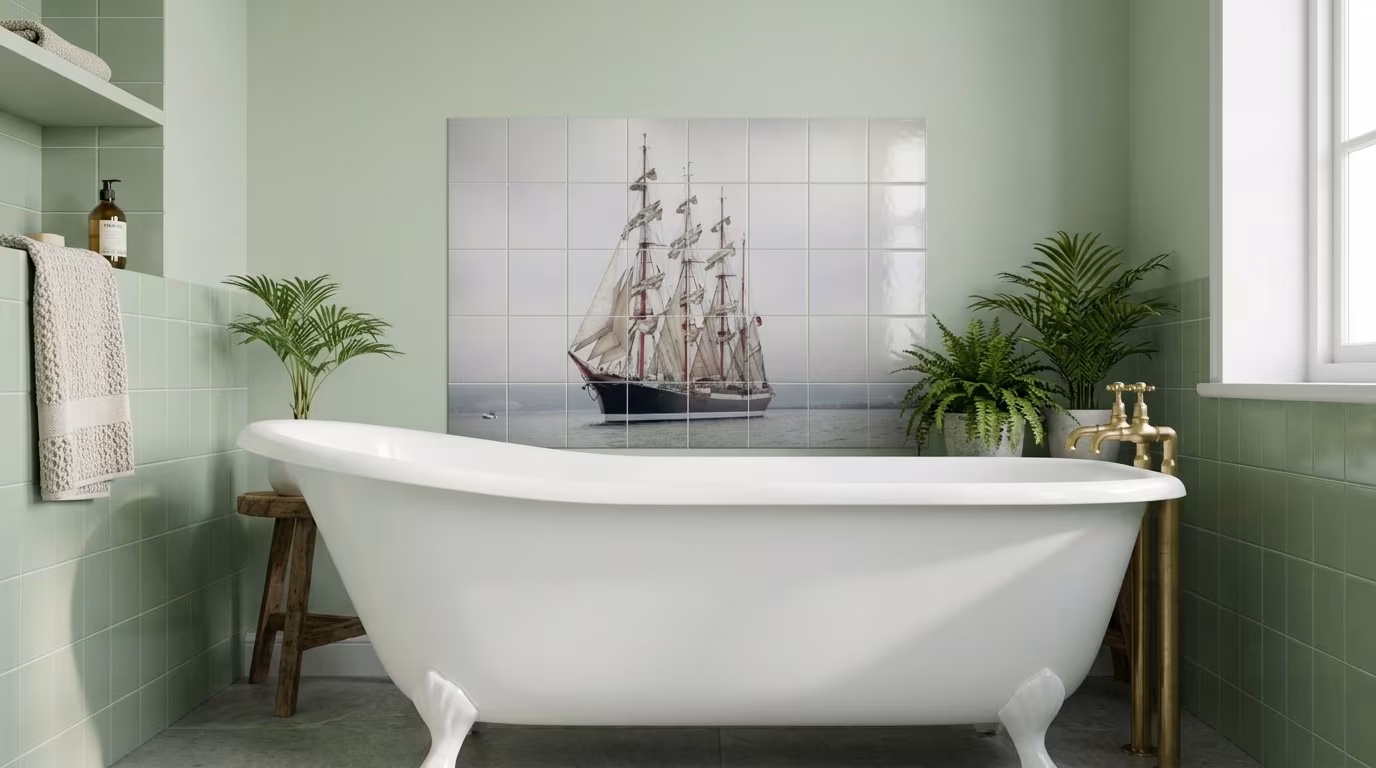 Tall Ship at Sea Monochrome tile mural shown in a room setting