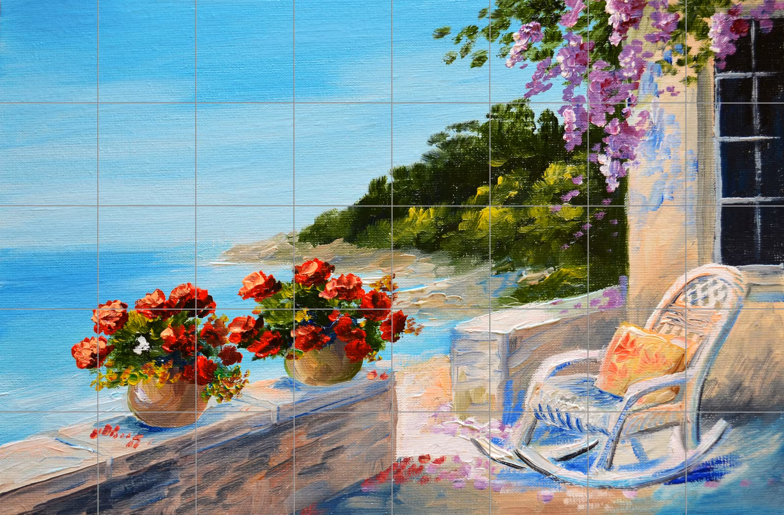 Ceramic tile mural of Mediterranean Terrace Coastal Painting