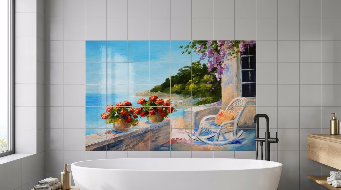Mediterranean Terrace Coastal Painting - Tile Mural - Image 2