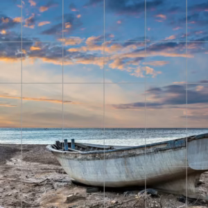 Ceramic tile mural of Abandoned Rowing Boat on Shore