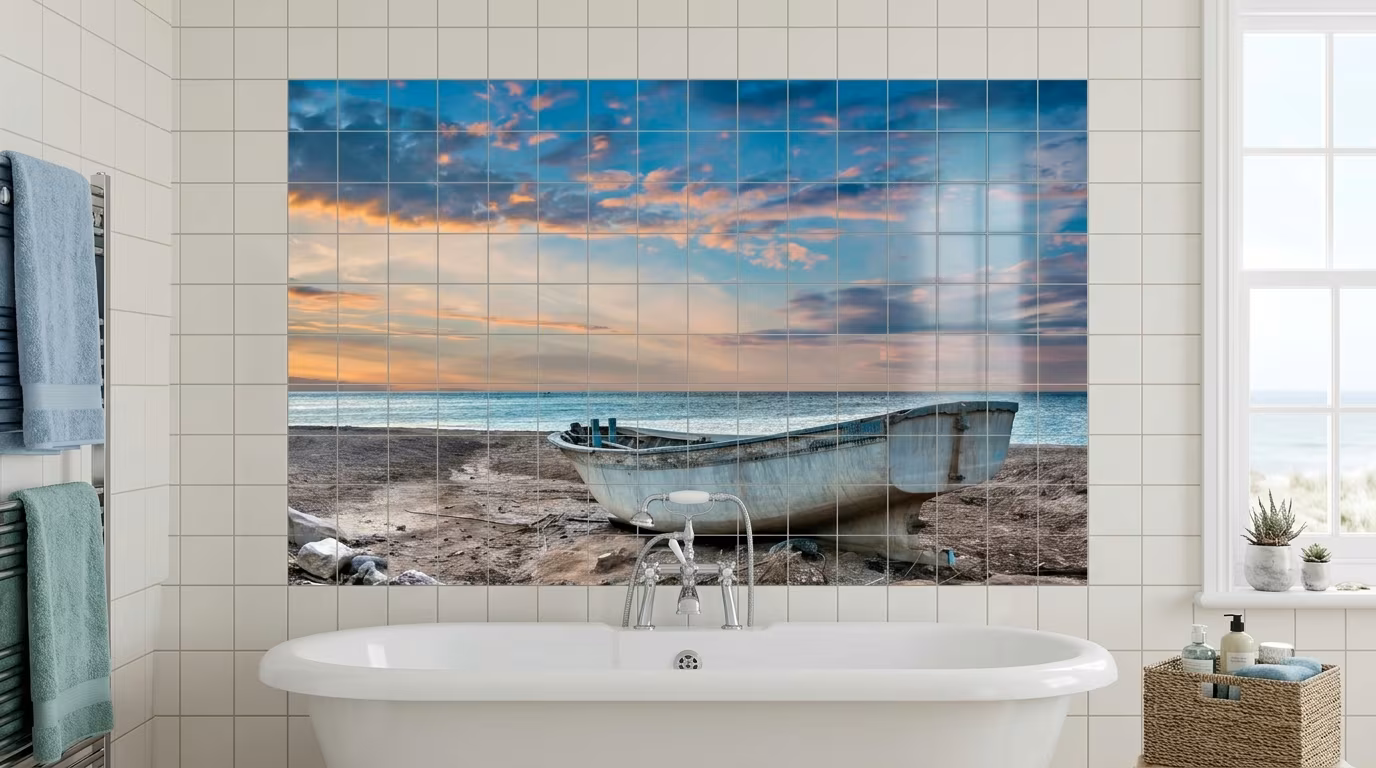 Abandoned Rowing Boat on Shore tile mural shown in a room setting