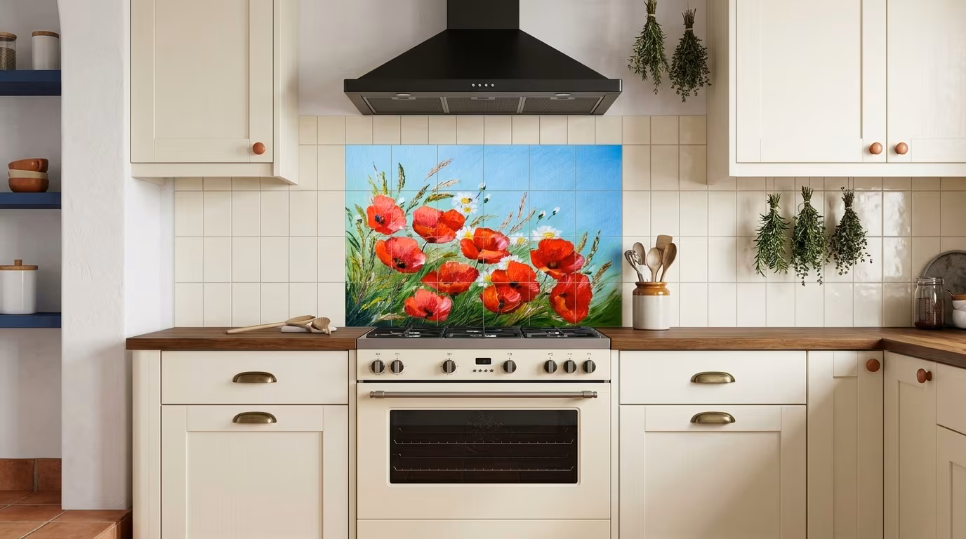 Red Poppy Field Oil Painting - Tile Mural - Image 2