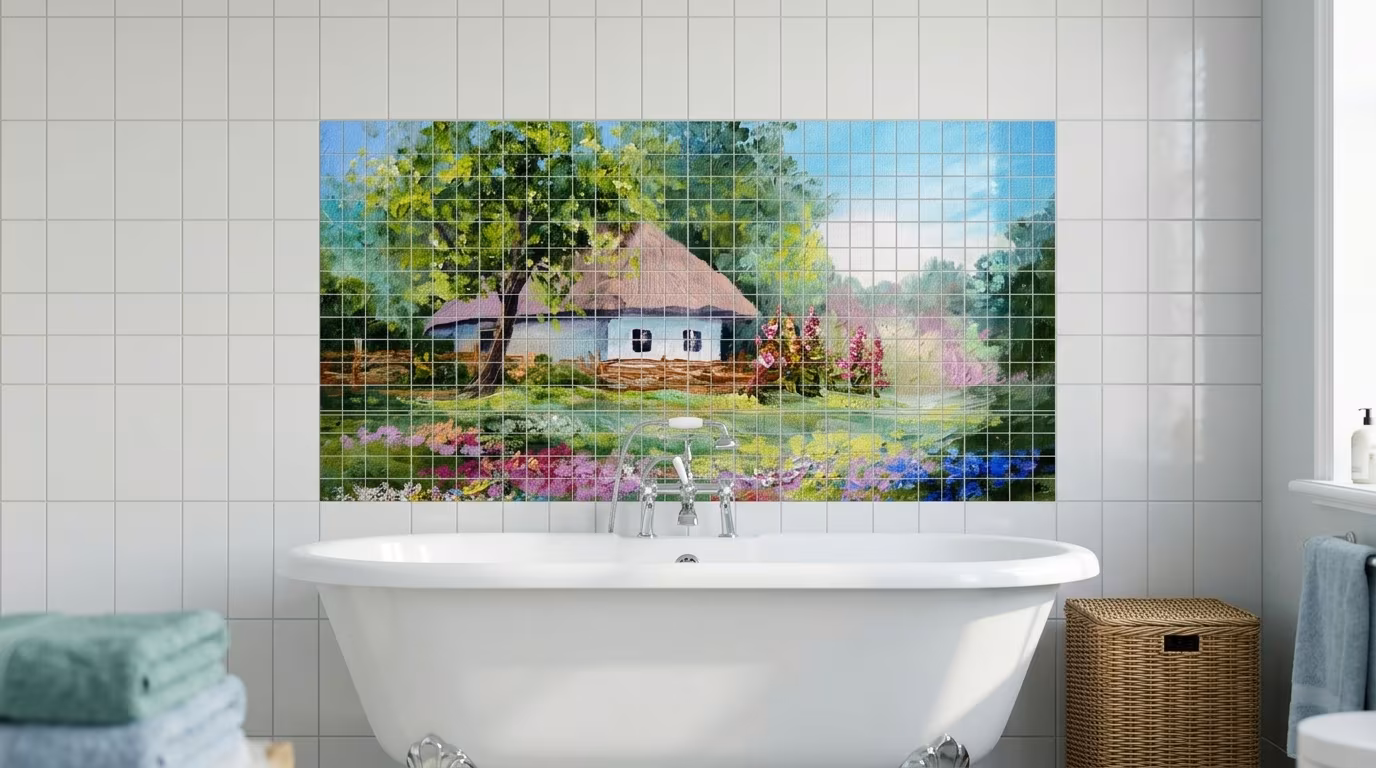 Cottage Garden Oil Painting tile mural shown in a room setting