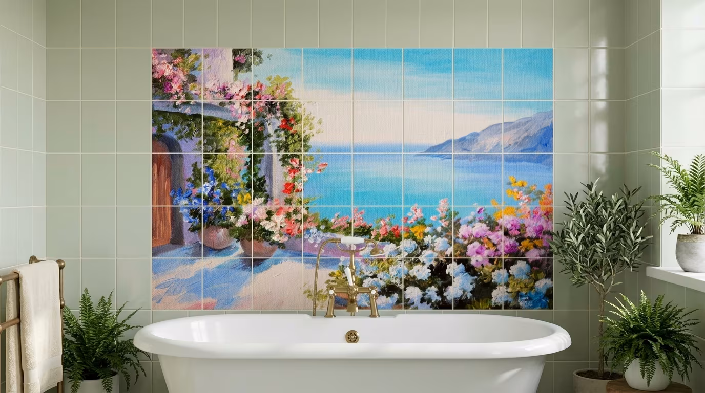 Mediterranean Terrace Sea View Painting - Tile Mural - Image 2