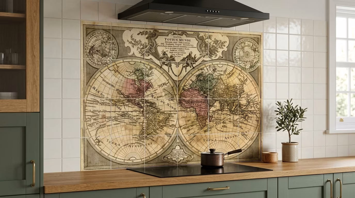 Antique World Map Illustration tile mural shown in a room setting