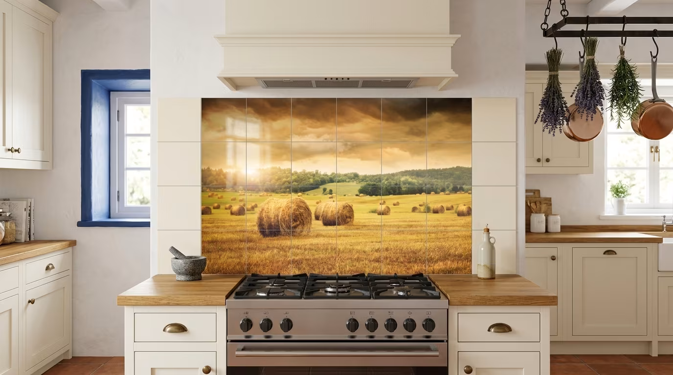 Golden Hay Bales at Sunset - Tile Mural - Image 2