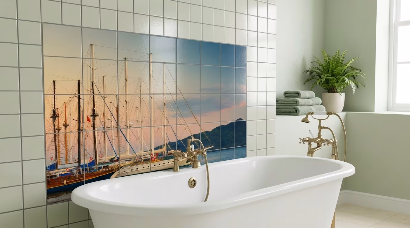 Tall Ships Moored at Sunset tile mural