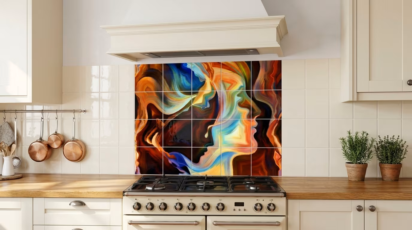Colourful Abstract Face Silhouette tile mural shown in a room setting
