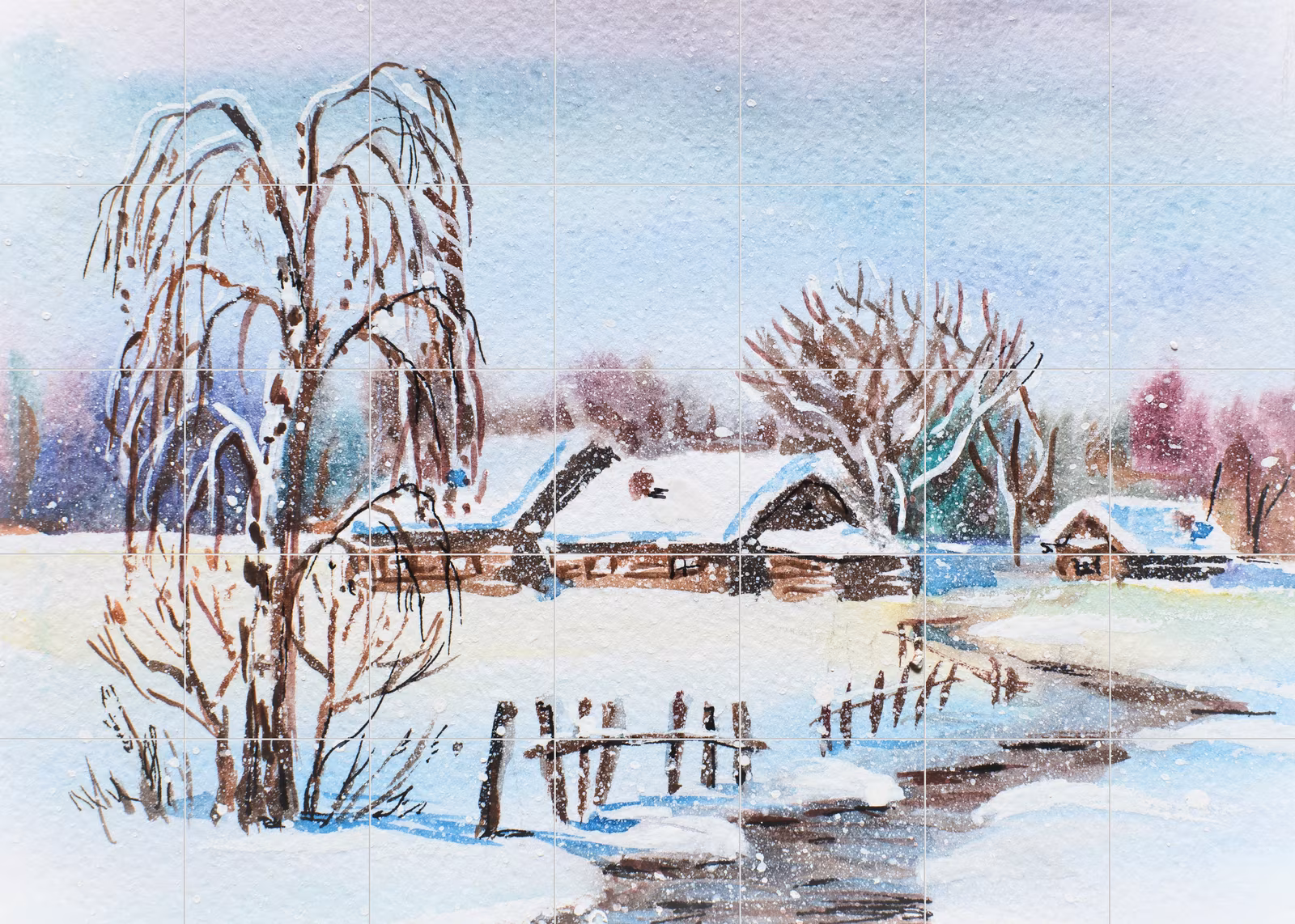 Snowy Village Watercolour Painting tile mural