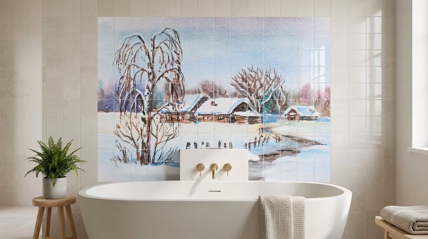 Snowy Village Watercolour Painting tile mural shown in a room setting