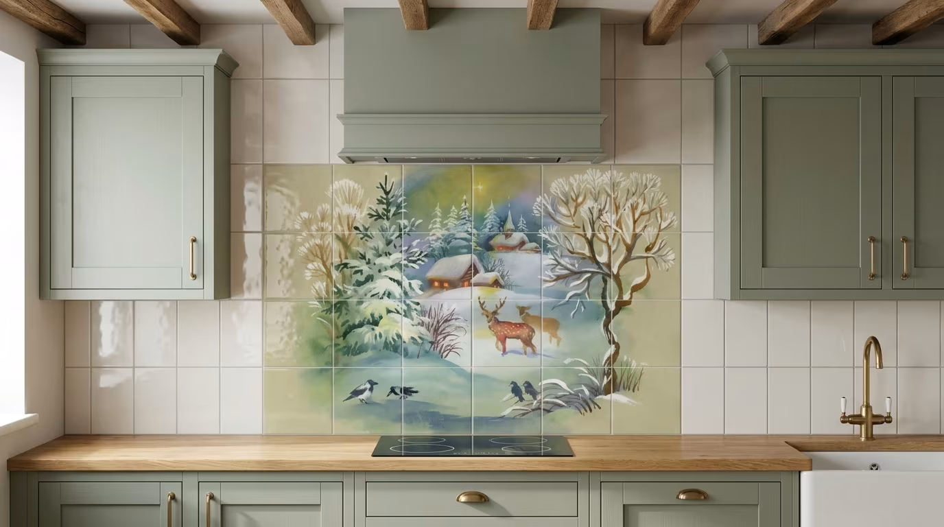 Winter Cabin with Deer Illustration - Tile Mural - Image 2