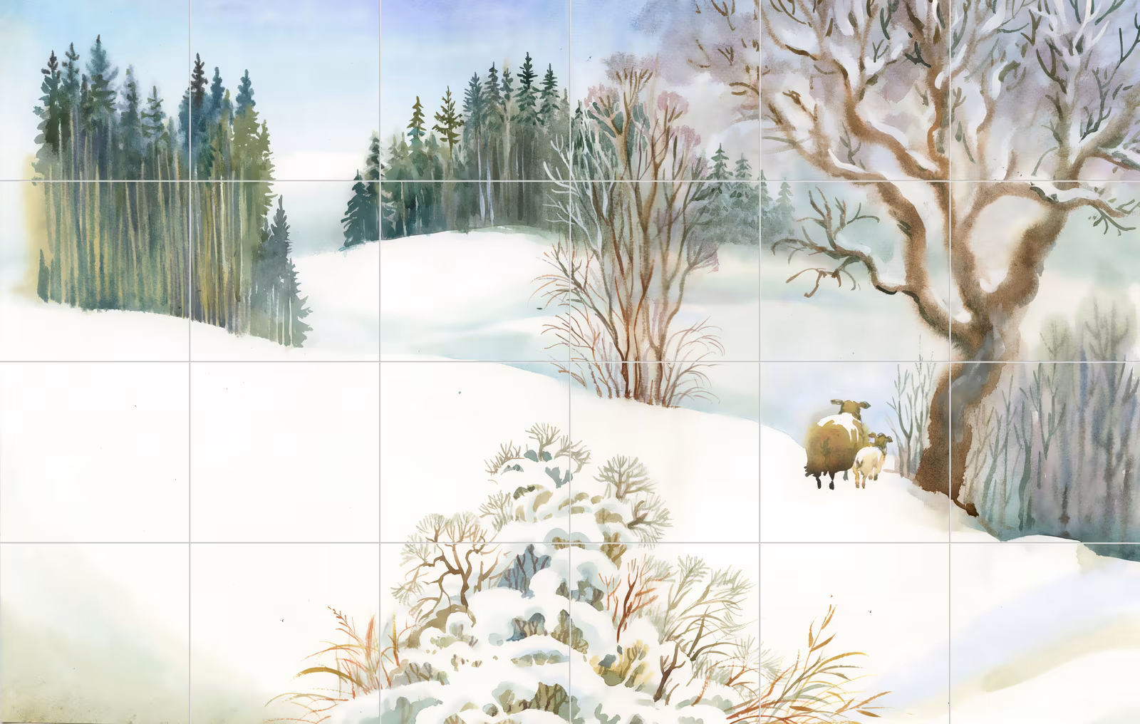 Ceramic tile mural of Snowy Countryside with Sheep Painting