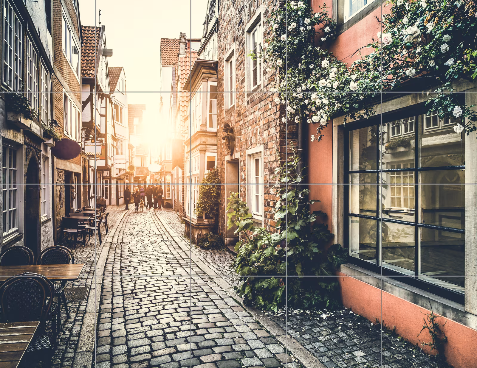 Ceramic tile mural of Sunlit Cobblestone Street Scene