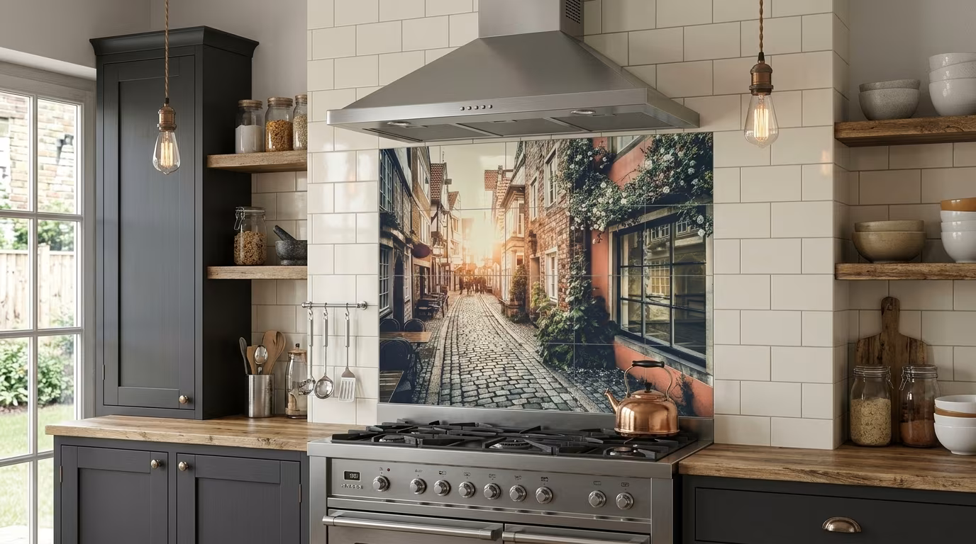 Sunlit Cobblestone Street Scene - Tile Mural - Image 2