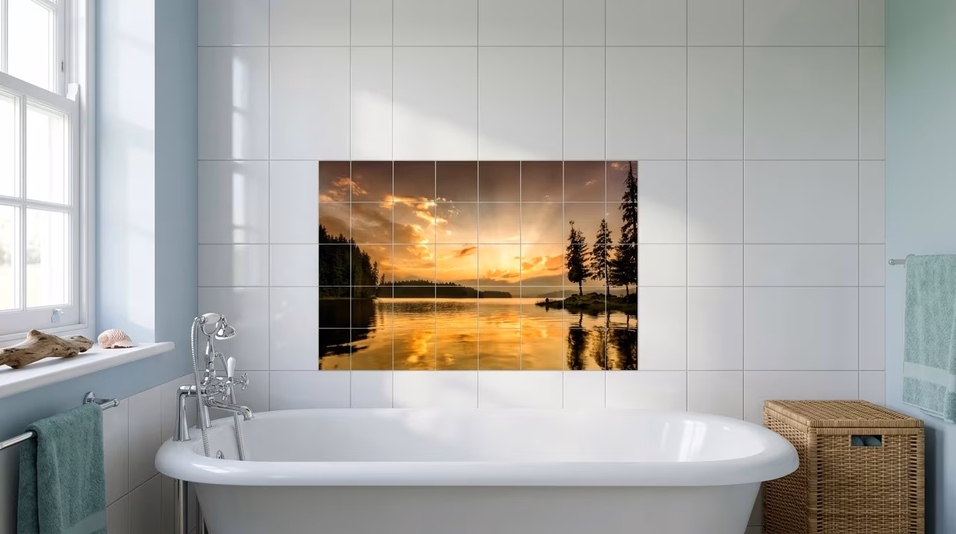 Golden Sunset Lake Silhouette tile mural shown in a room setting