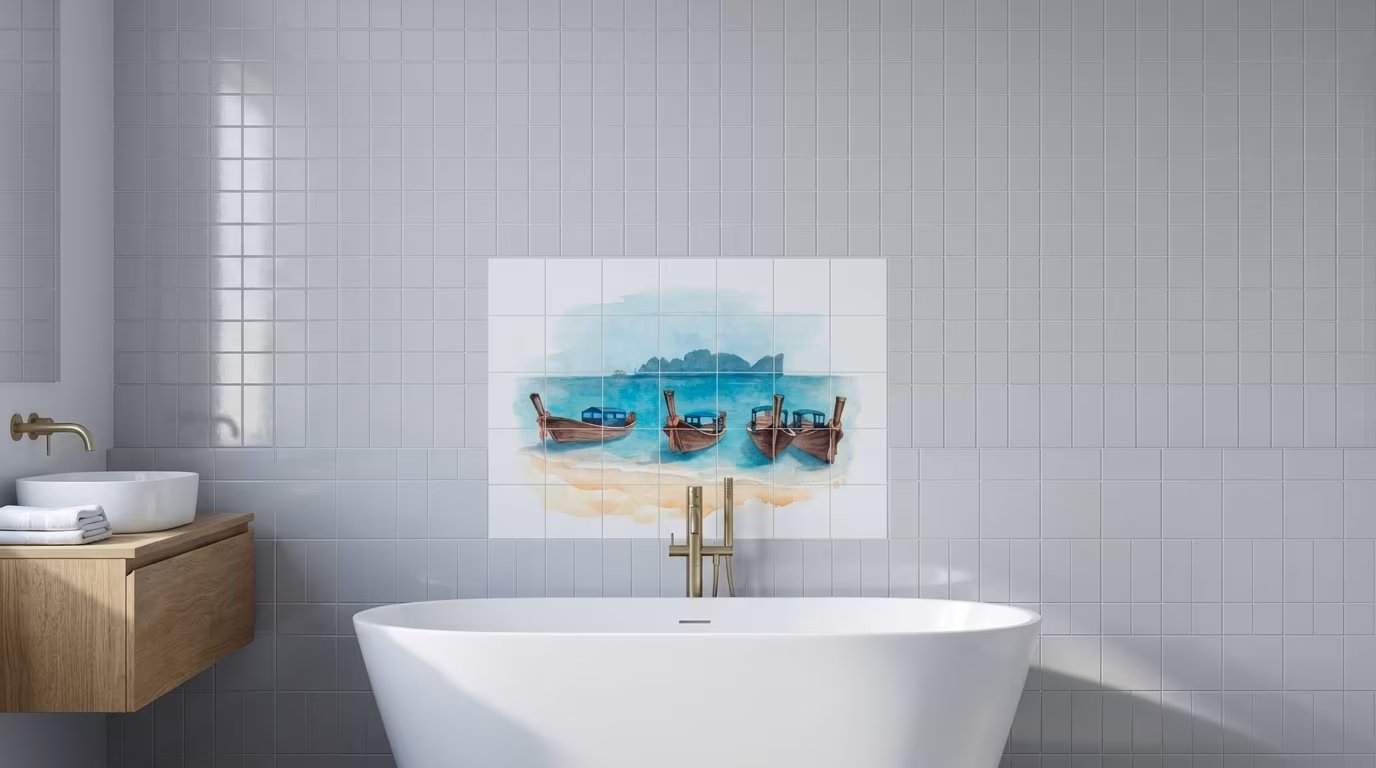 Longtail Boats on Tropical Beach Watercolour - Tile Mural - Image 2