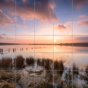 Ceramic tile mural of Wetland Sunset with Wooden Posts