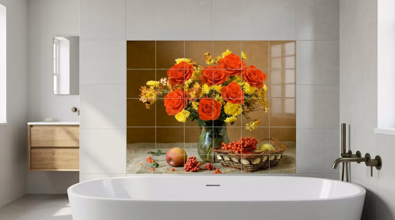 Red Rose Bouquet Still Life tile mural shown in a room setting