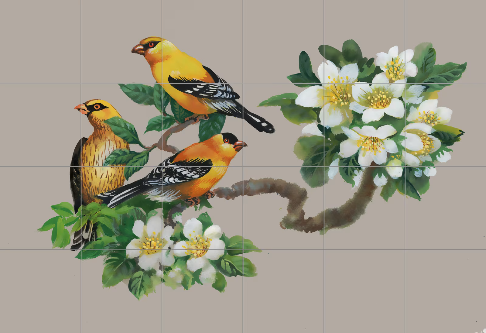 Ceramic tile mural of Goldfinches on Blossom Branch Illustration