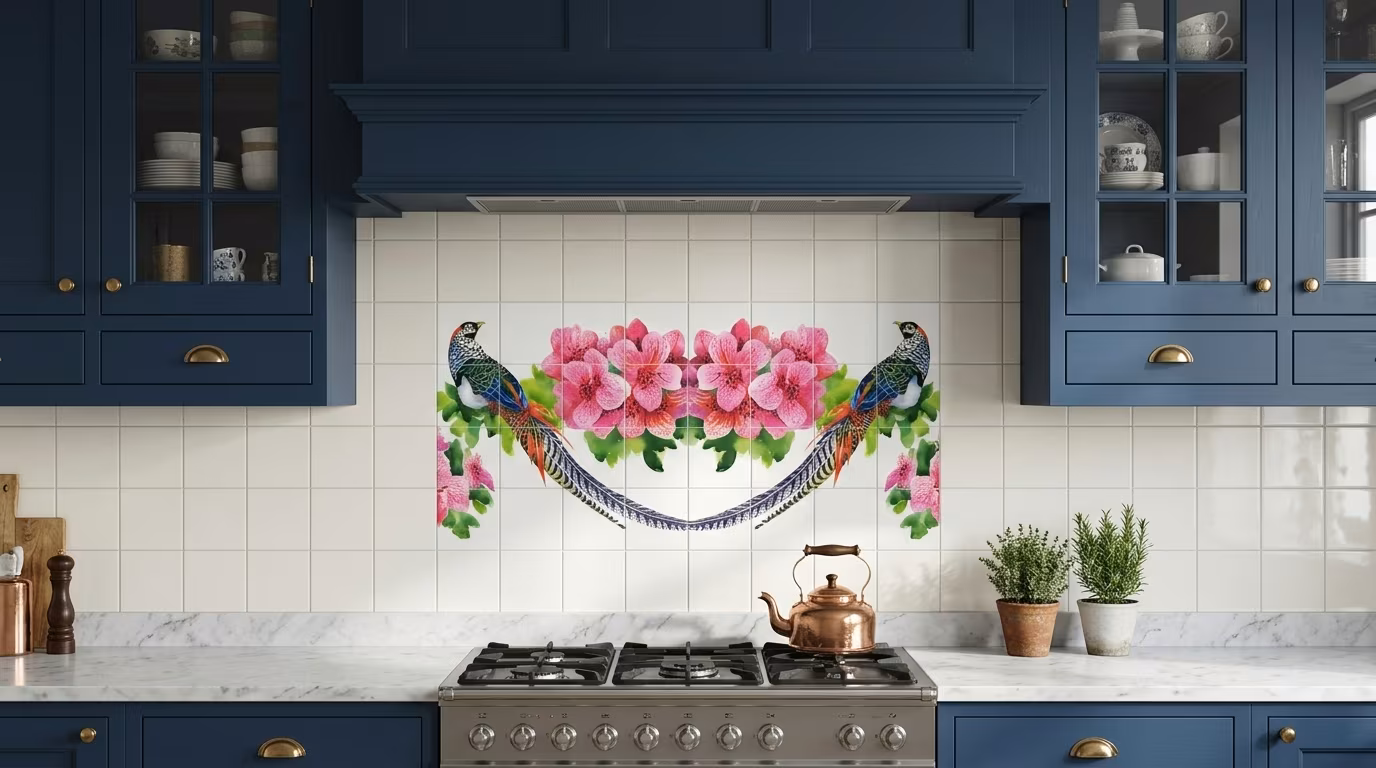 Floral Garland with Birds Illustration - Tile Mural - Image 2