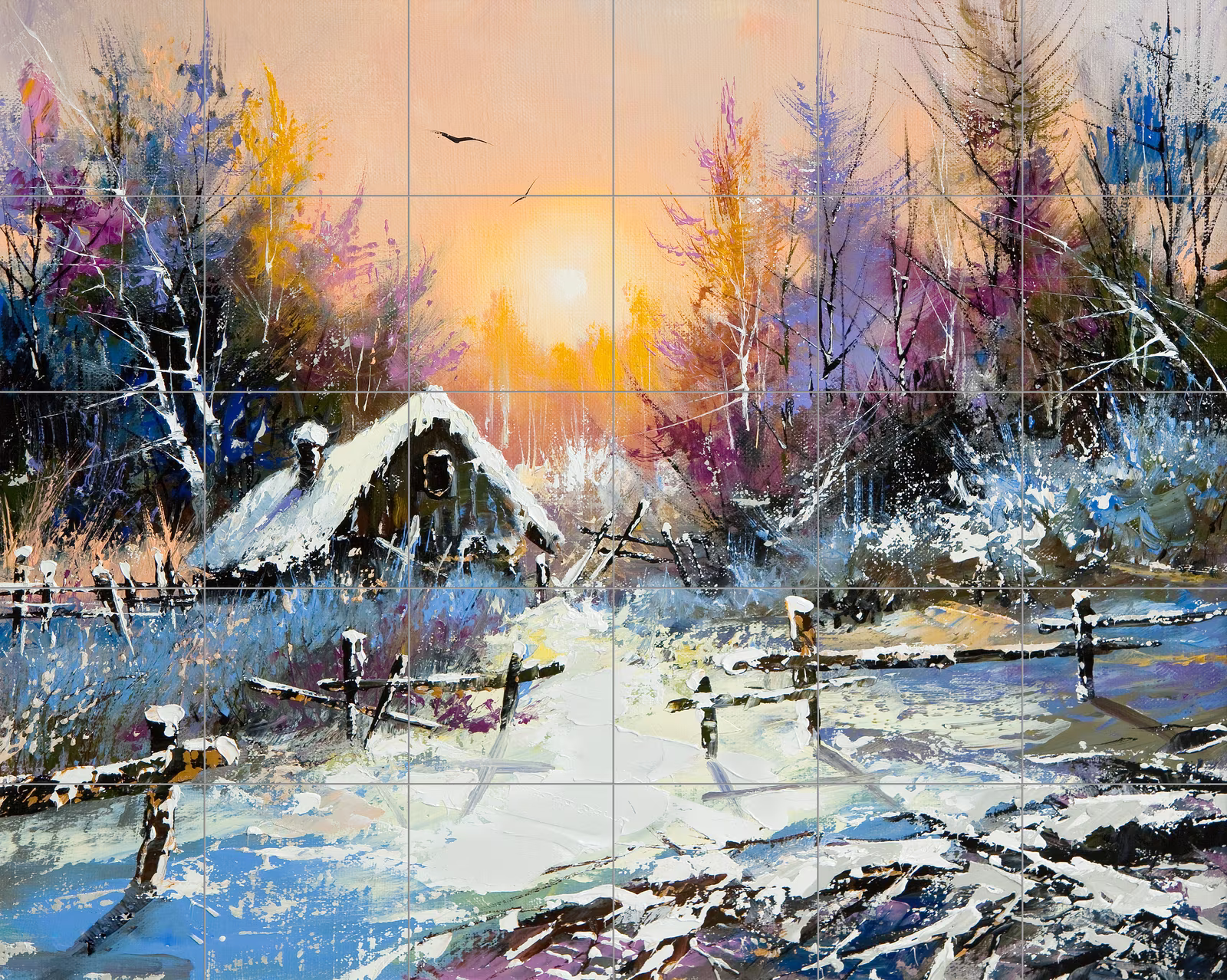 Ceramic tile mural of Snowy Winter Cottage Painting