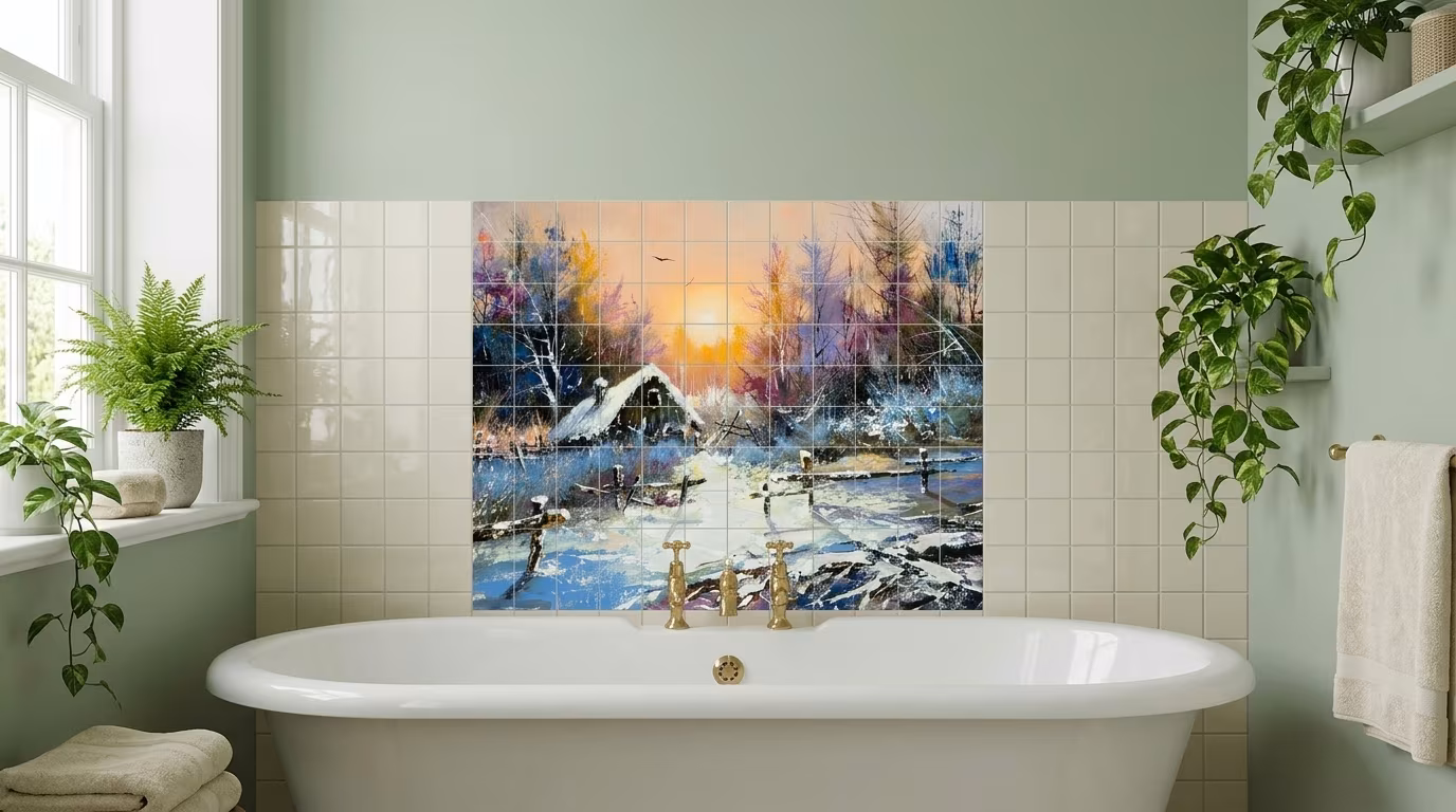 Snowy Winter Cottage Painting tile mural shown in a room setting