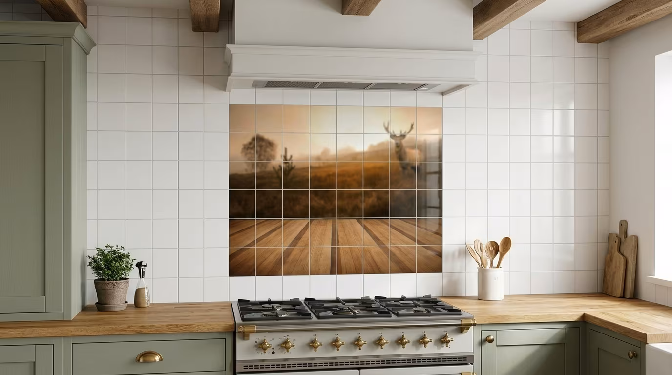 Stag in Misty Meadow at Dawn - Tile Mural - Image 2
