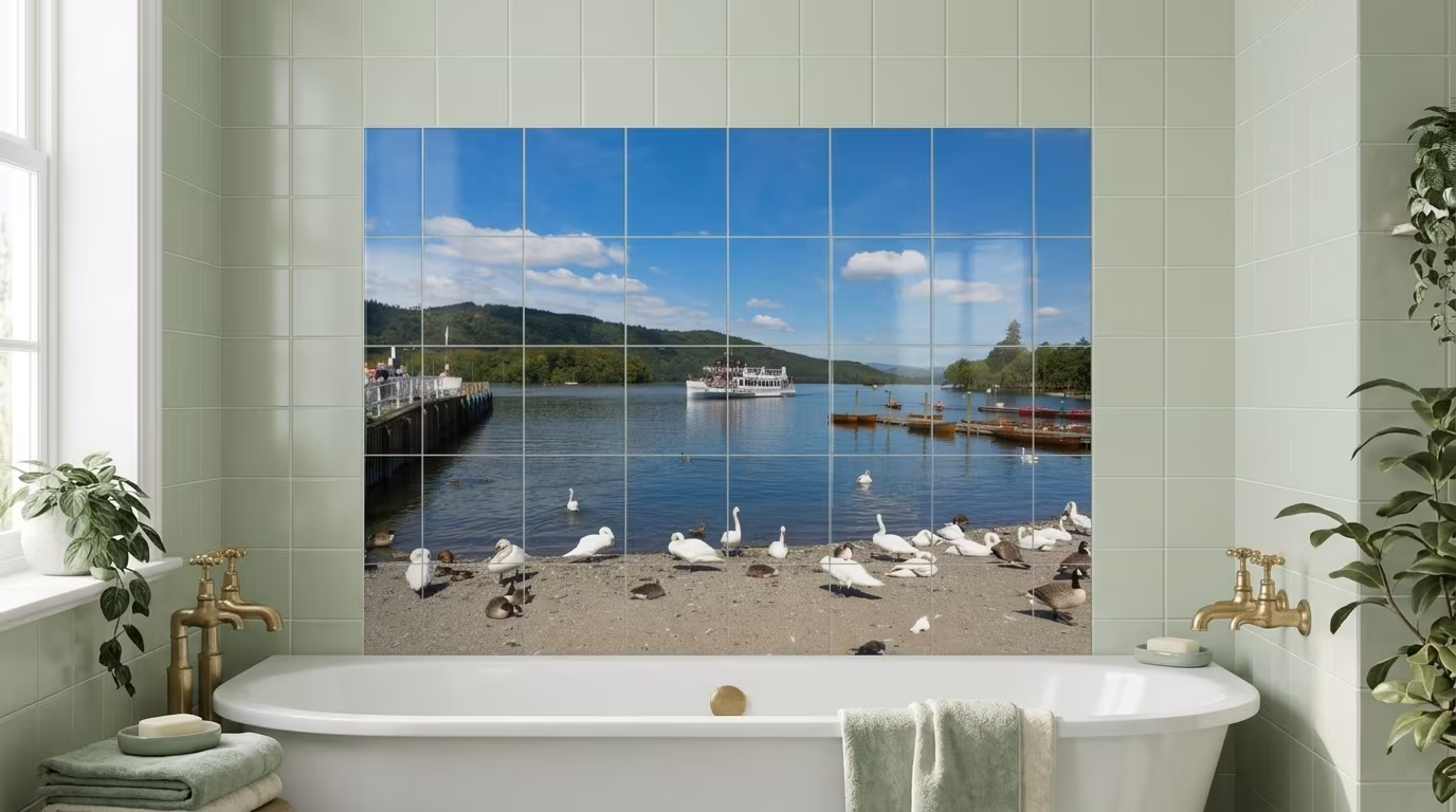 Lakeside Marina with Swans tile mural shown in a room setting