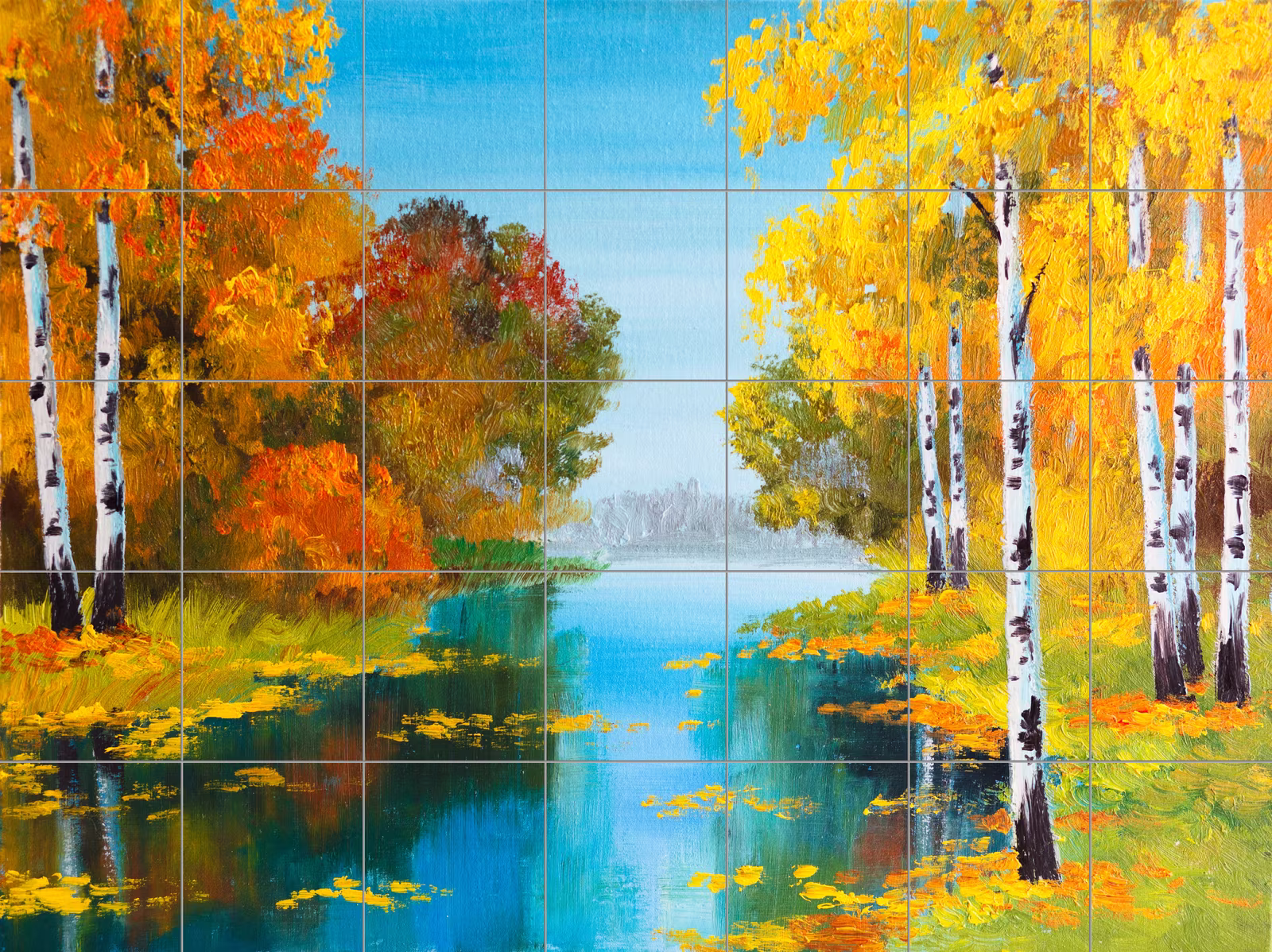 Ceramic tile mural of Golden Birch Trees by the Lake