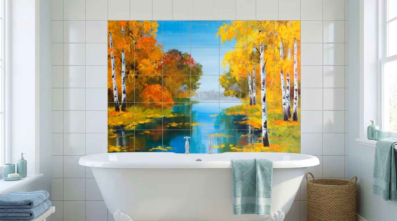 Golden Birch Trees by the Lake - Tile Mural - Image 2