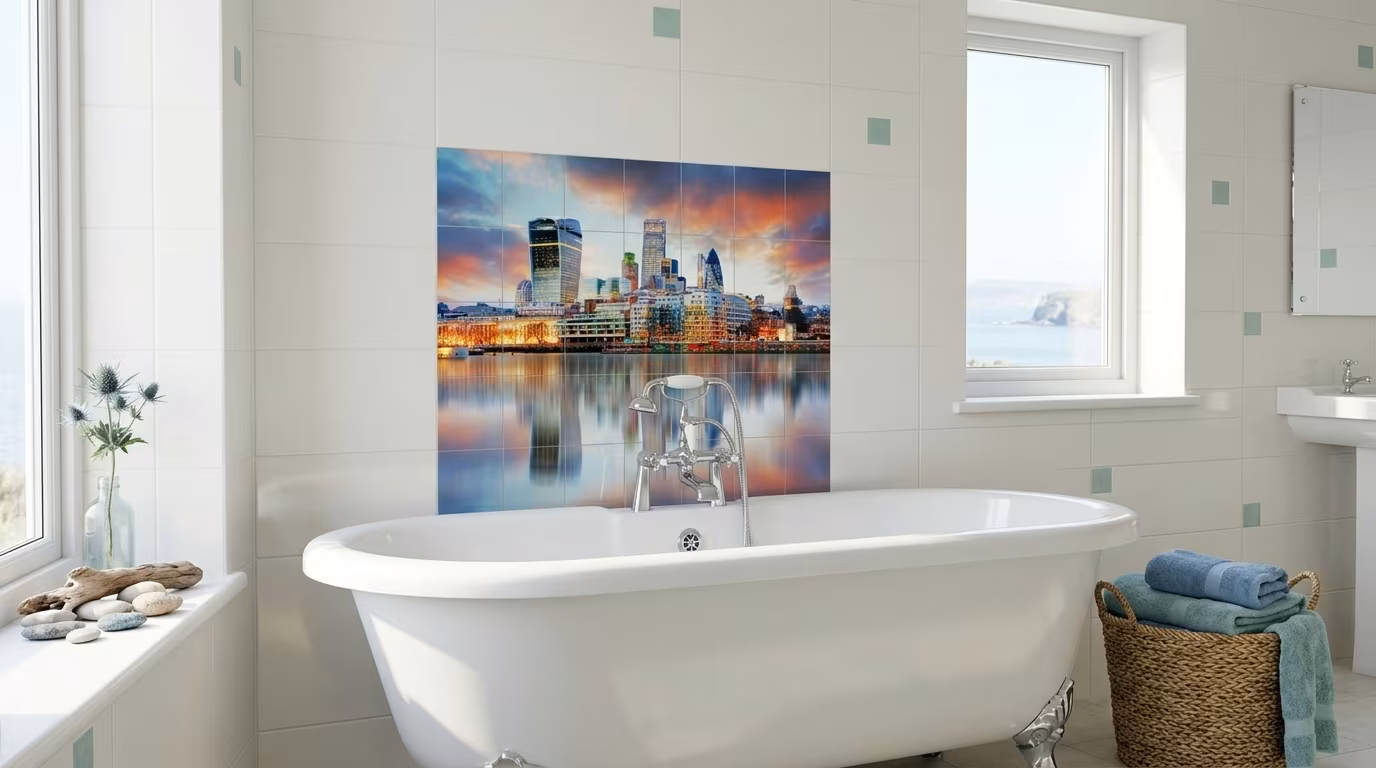 City Skyline Sunset Reflection - Tile Mural - Image 2