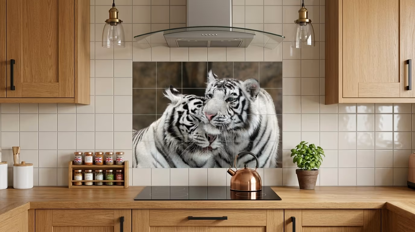 White Tigers Cuddling Painting tile mural shown in a room setting