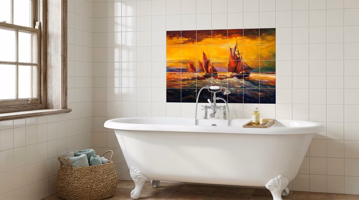 Sailing Ships at Sunset Painting - Tile Mural - Image 2
