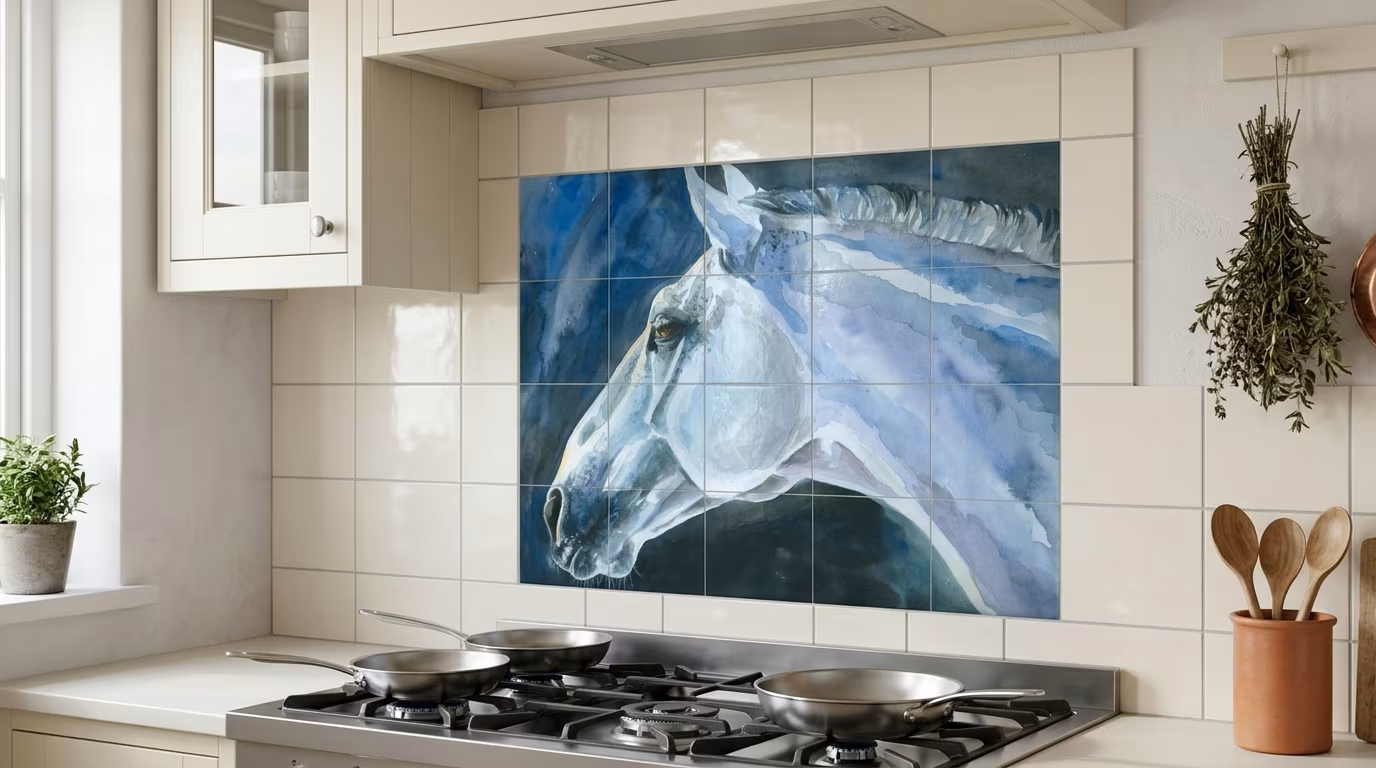 Blue-Toned Horse Portrait Watercolour tile mural shown in a room setting