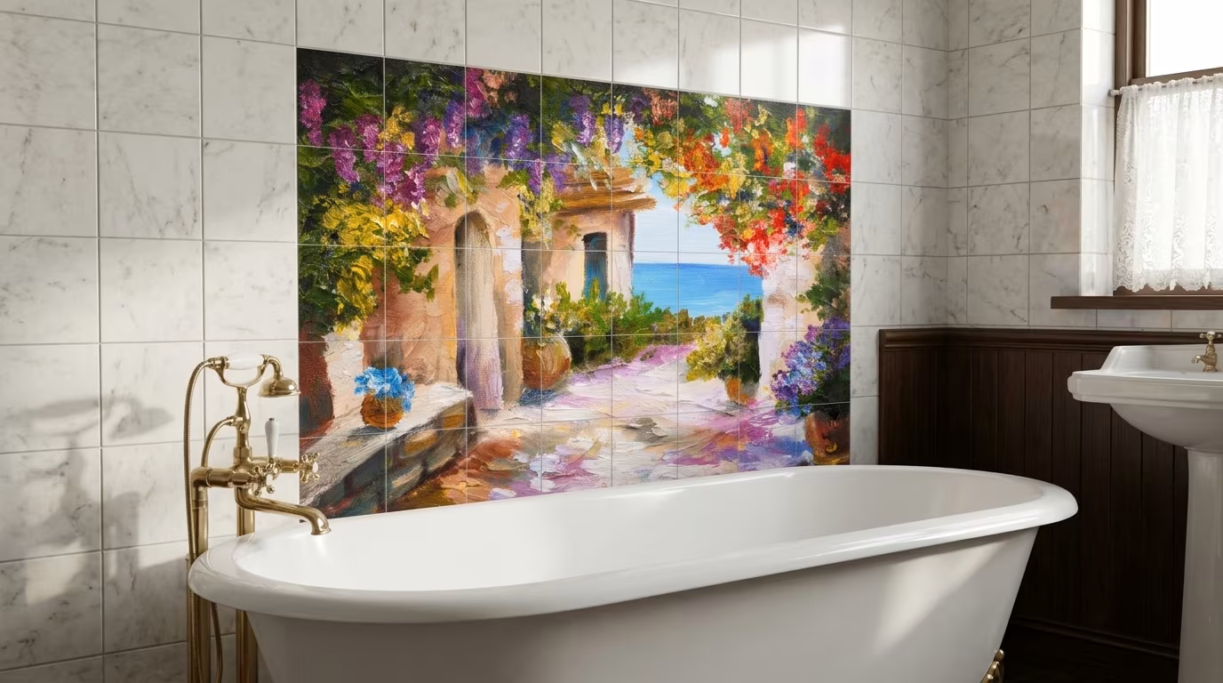 Mediterranean Courtyard Flowers Painting tile mural shown in a room setting