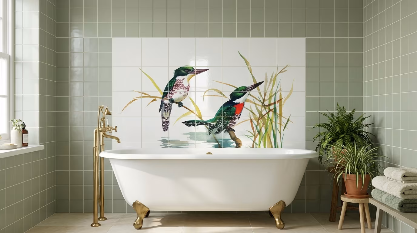 Kingfishers in Reeds Illustration - Tile Mural - Image 2