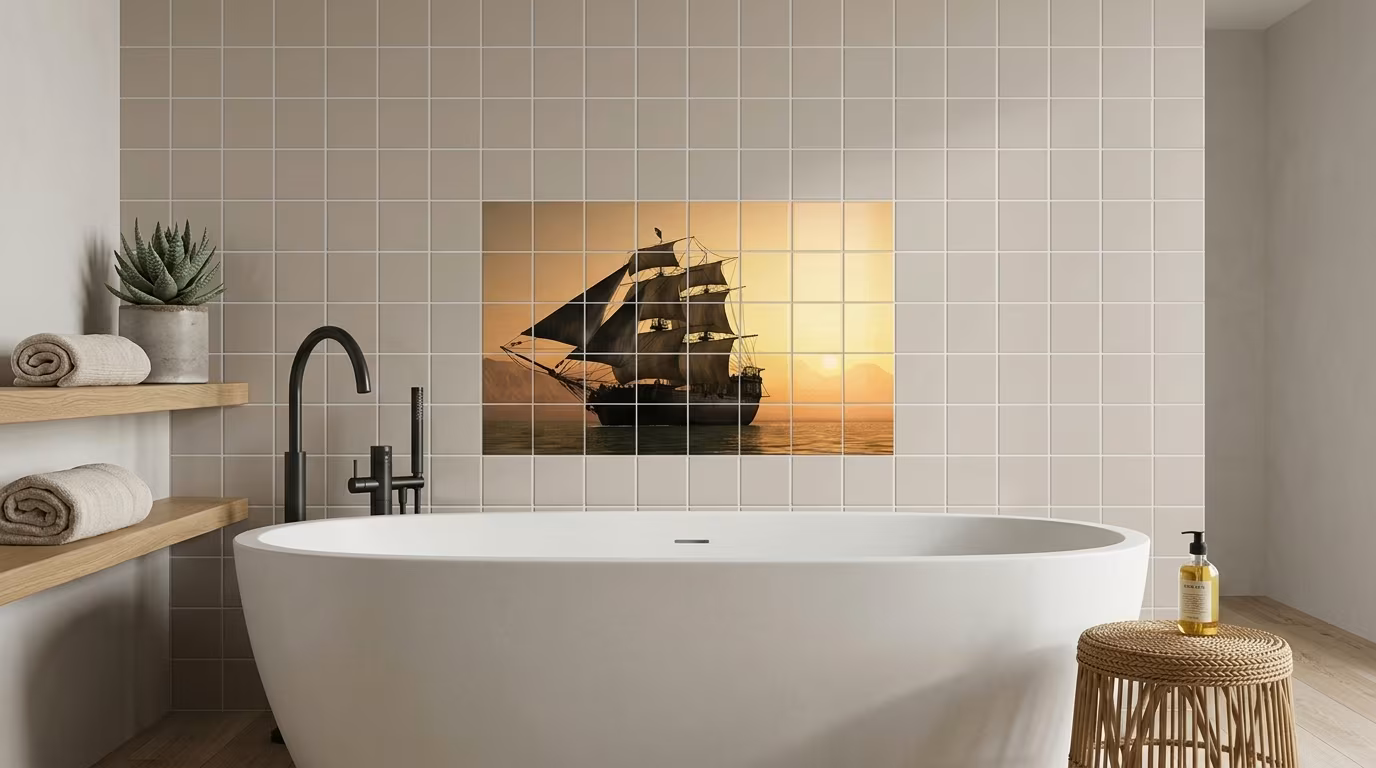 Tall Ship Silhouette at Sunset - Tile Mural - Image 2