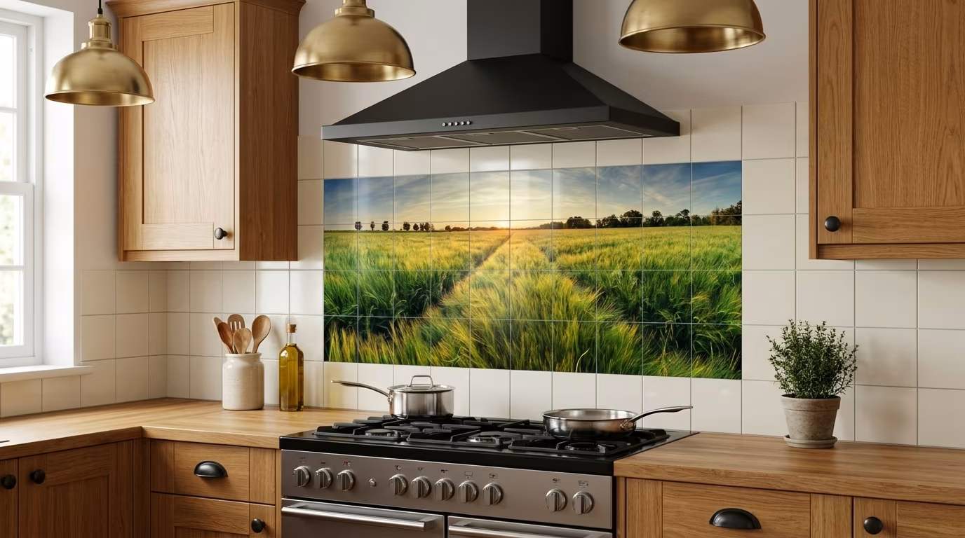 Green Field Path at Sunset tile mural shown in a room setting