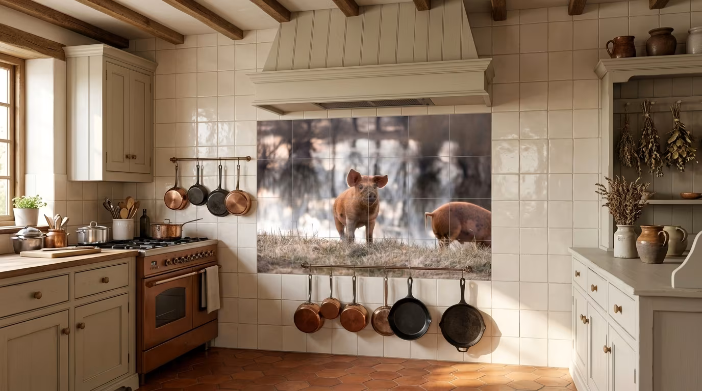 Piglets in the Frosty Field - Tile Mural - Image 2
