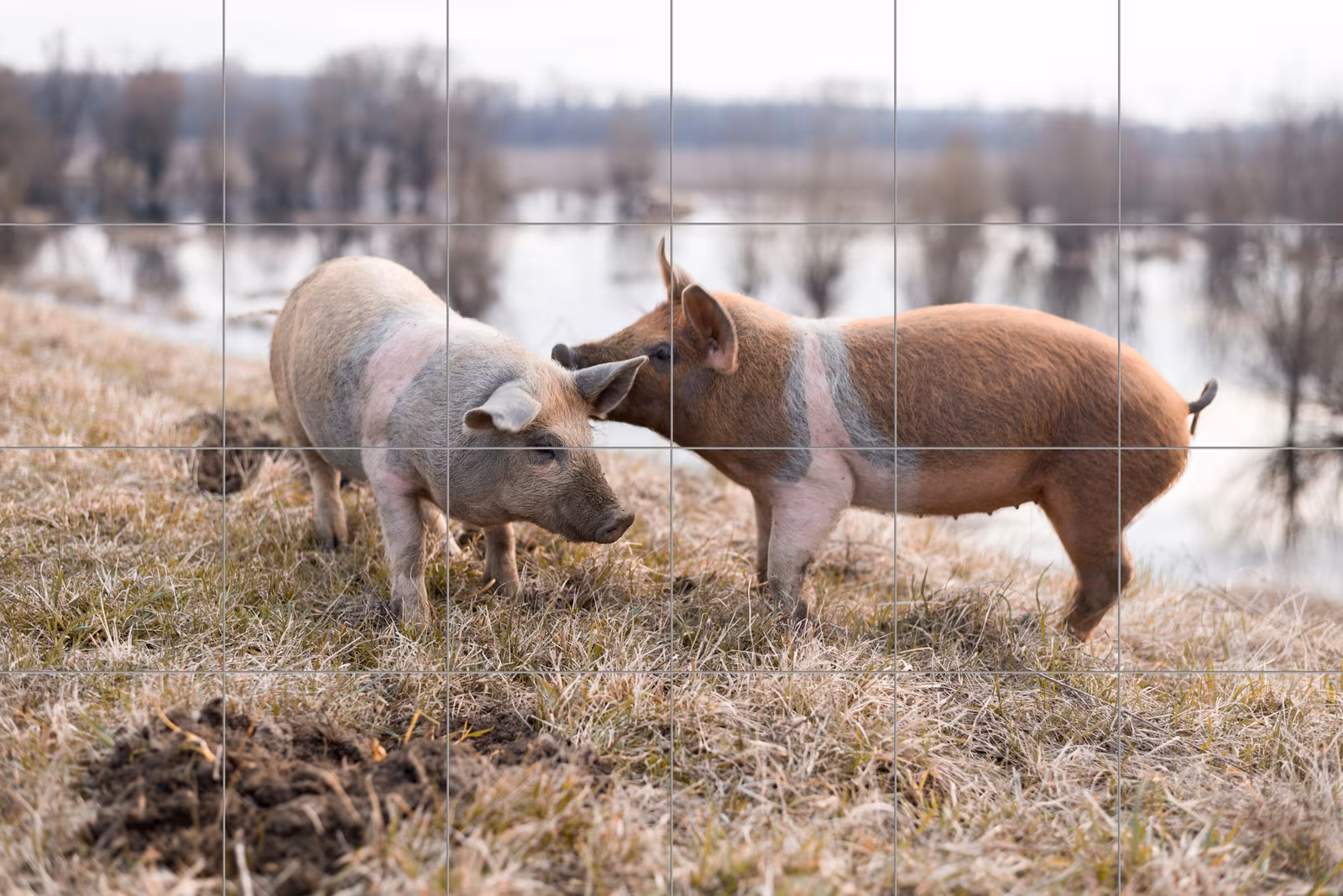 Ceramic tile mural of Pigs Nuzzling in the Field