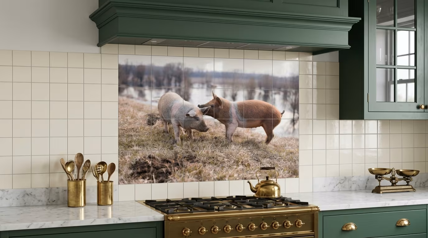 Pigs Nuzzling in the Field - Tile Mural - Image 2