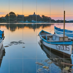 Ceramic tile mural of Fishing Boats at Sunset Harbour