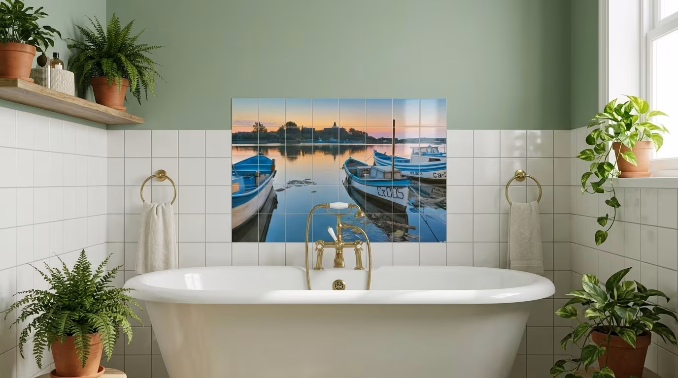Fishing Boats at Sunset Harbour tile mural shown in a room setting