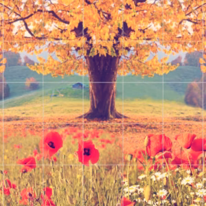 Ceramic tile mural of Autumn Poppy Field with Tree