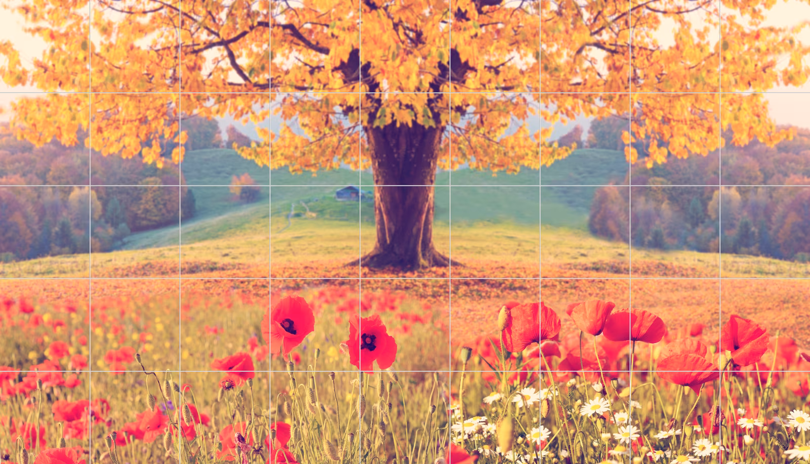 Ceramic tile mural of Autumn Poppy Field with Tree