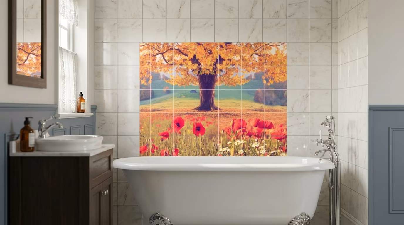 Autumn Poppy Field with Tree tile mural shown in a room setting
