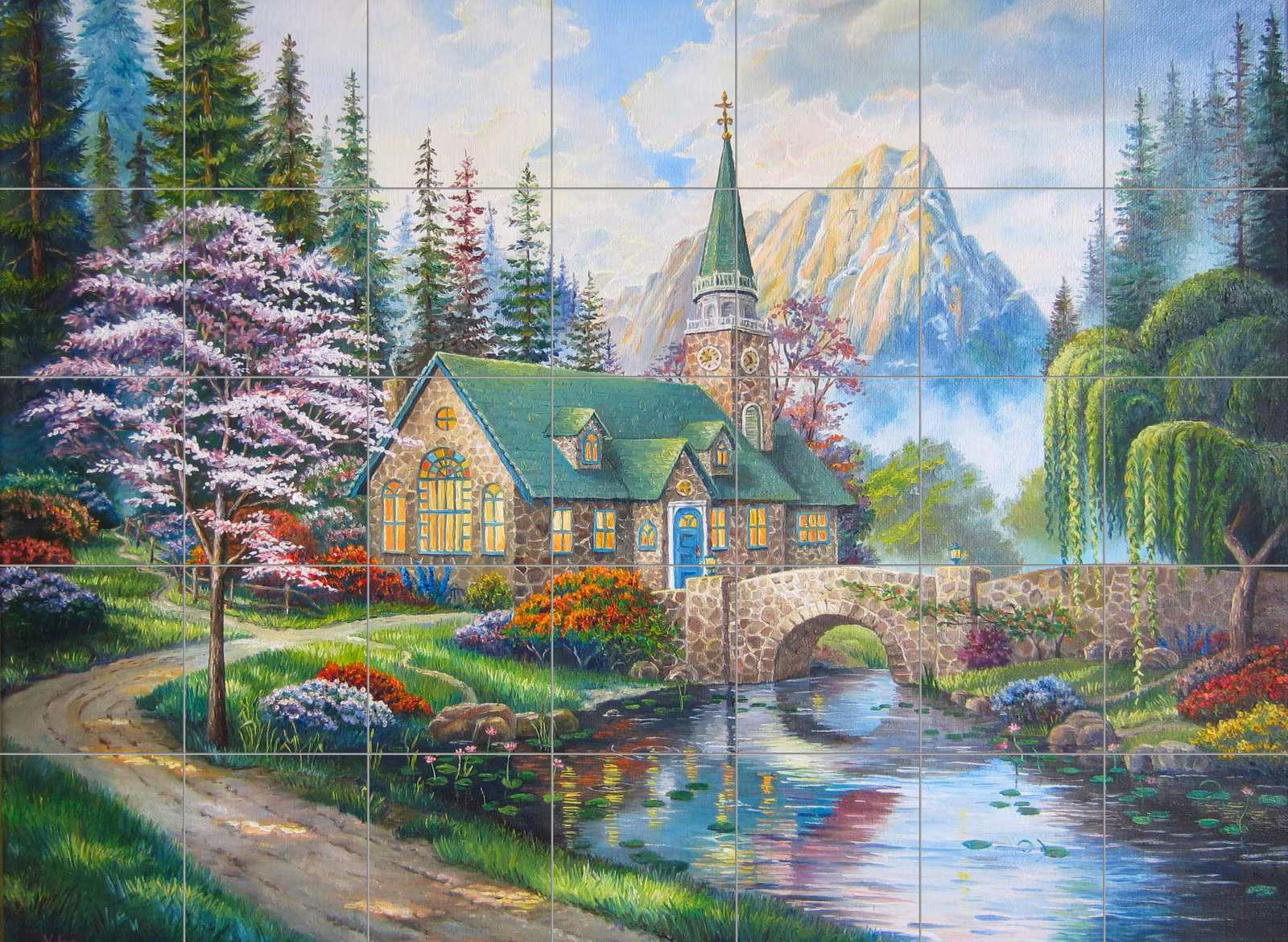 Ceramic tile mural of Fairytale Cottage by the River Painting