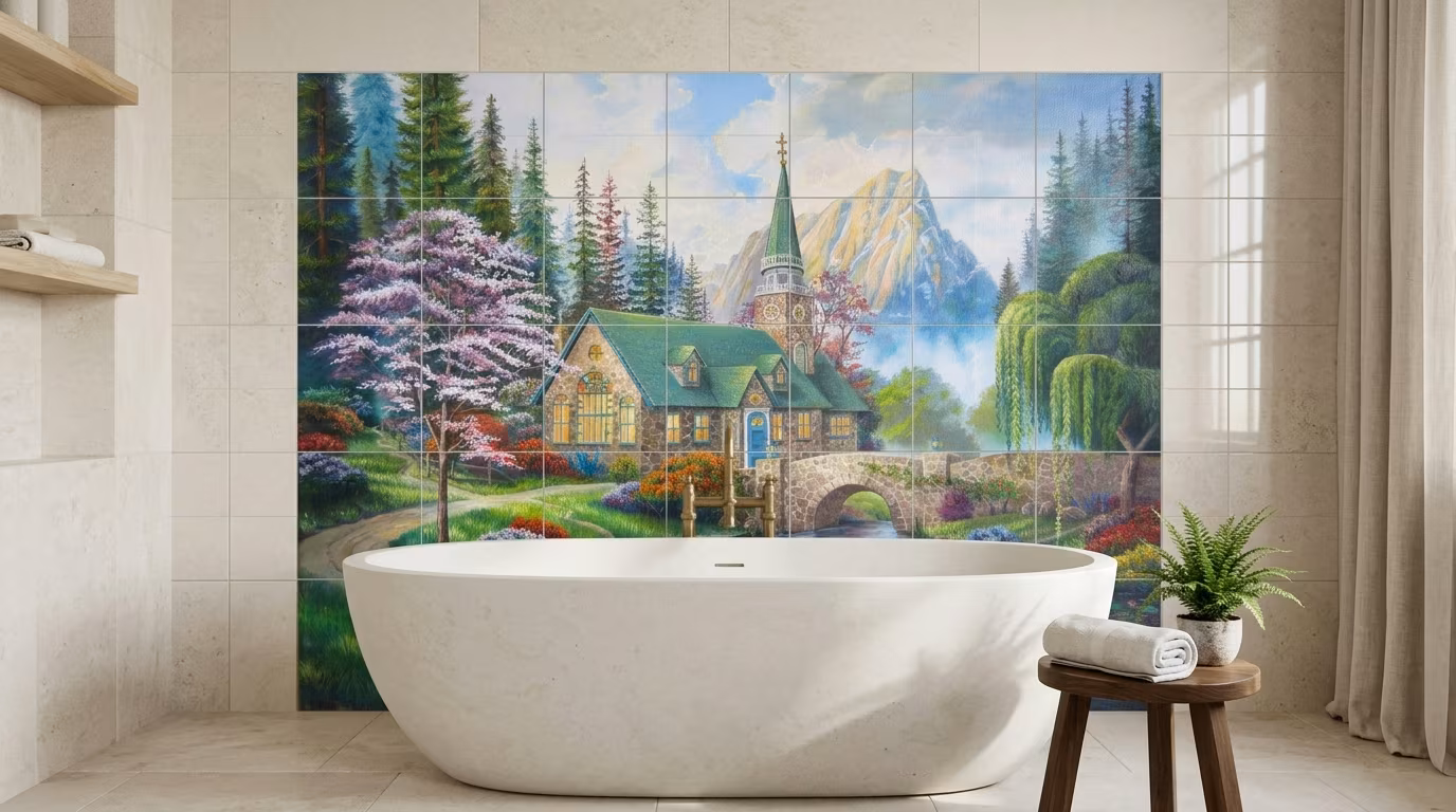 Fairytale Cottage by the River Painting - Tile Mural - Image 2