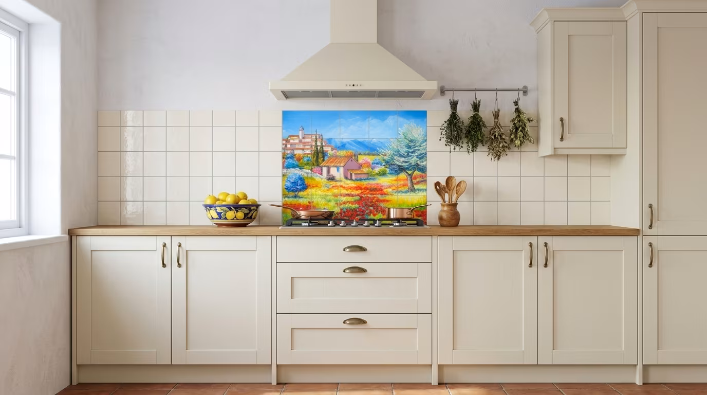 Mediterranean Hilltop Village Painting - Tile Mural - Image 2