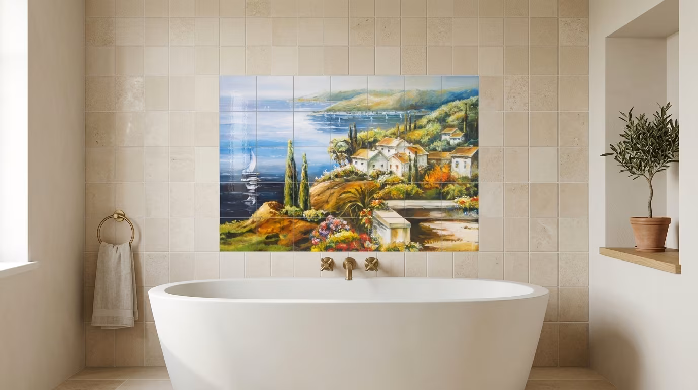 Coastal Village Bay Painting - Tile Mural - Image 2